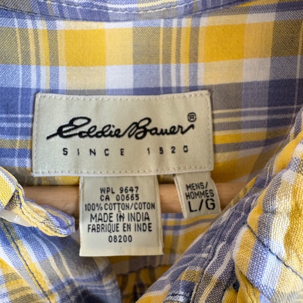 Vintage 90s Eddie Bauer Yellow Blue Plaid Short Sleeve Shirt Cotton Preppy Sz L - Picture 6 of 7